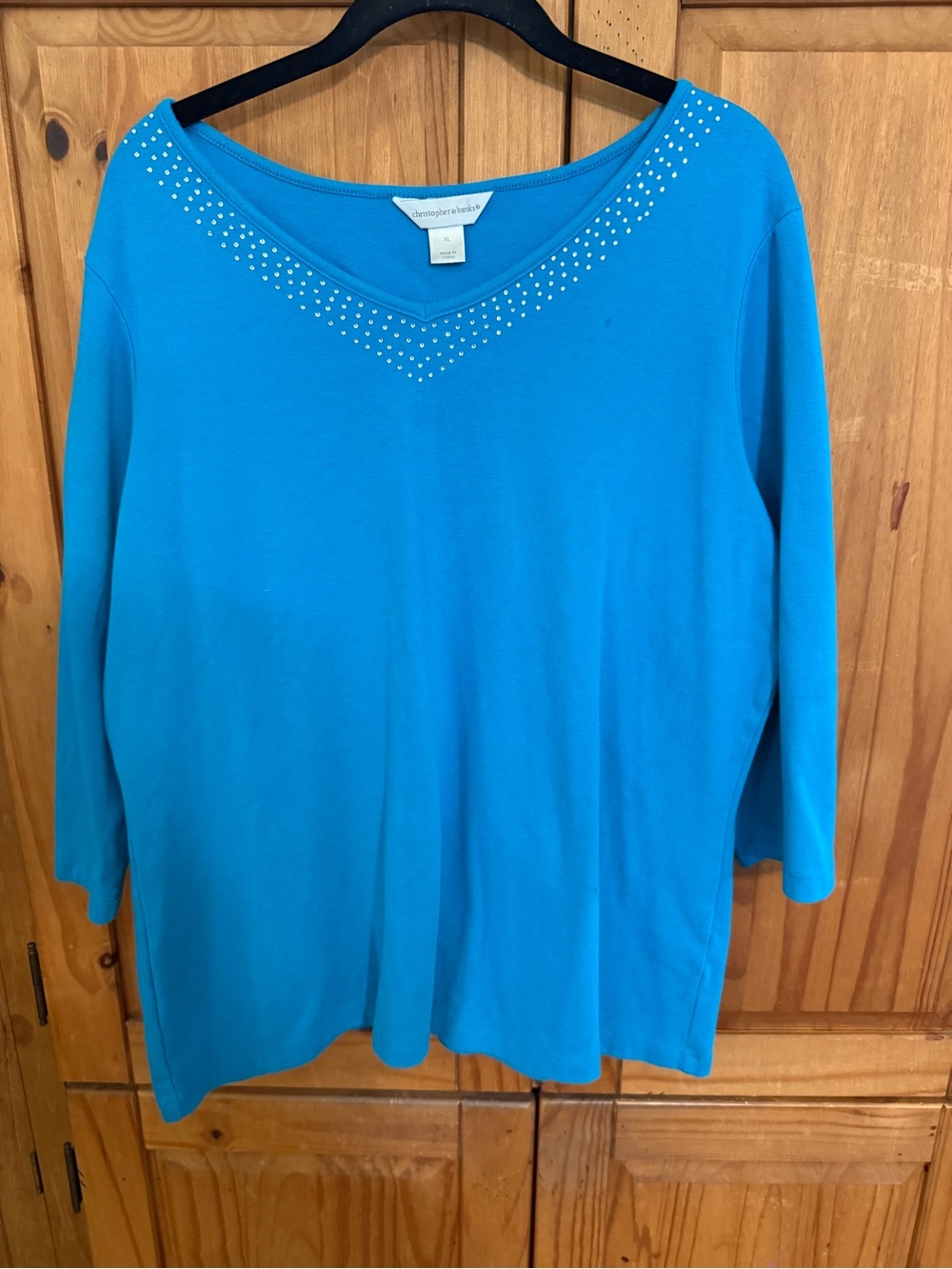 Christopher & Banks Turquoise V-Neck Long Sleeve Top with Rhinestones